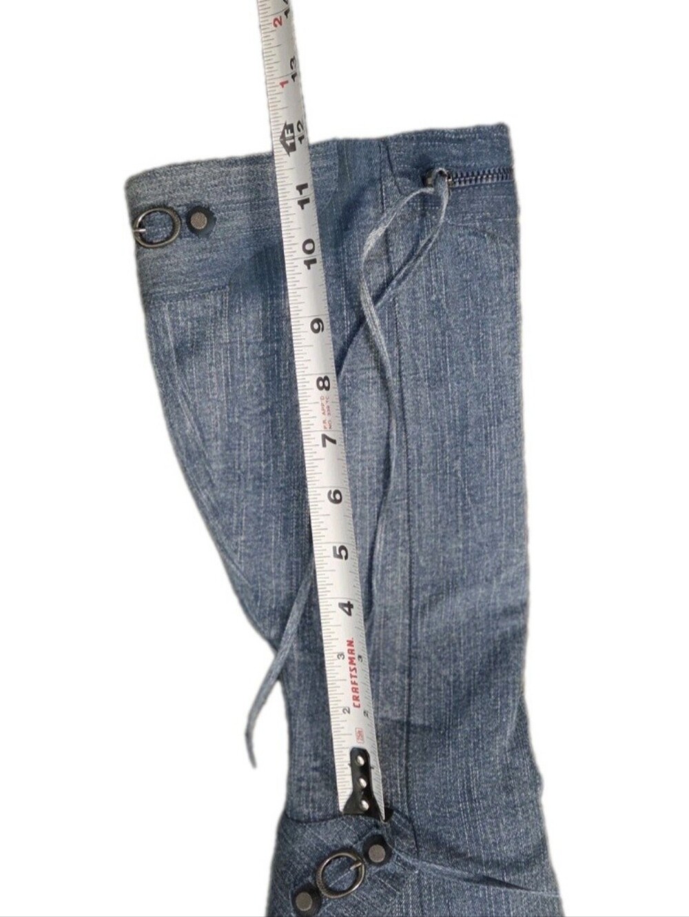 Denim Knee High Pointed Toe Stiletto Boots w Studs And Pin Buckle Strap Sz 8.5 - Picture 12 of 12
